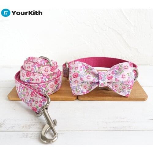 YourKith Pet Accessories Collar Chain For Dogs Bow Tie Personalized Engraved Name Pink Flower Various Sizes