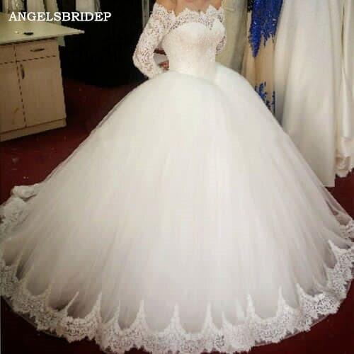 ANGELSBRIDEP Long Sleeves Ball Gown Wedding Dresses Vestido De Noiva Sexy Off-Shoulder Applique Court Train Bridal Gowns