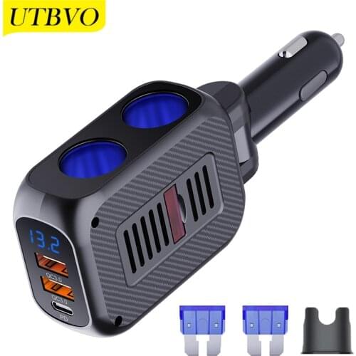 Multi-port USB C Car Charger With 180W Dual Cigarette Lighter Power Socket Splitter QC3.0 Car Adapter LED Display for Smartphone
