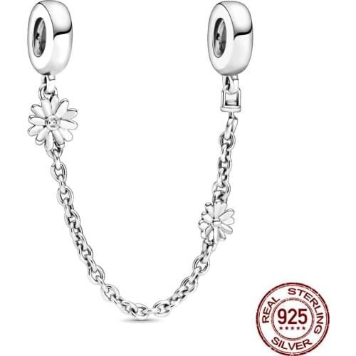 New 925 Sterling Silver Daisy Flower Safety Chain Charm Fit Original Pandora Bracelet Necklace DIY Women Jewelry Accessories