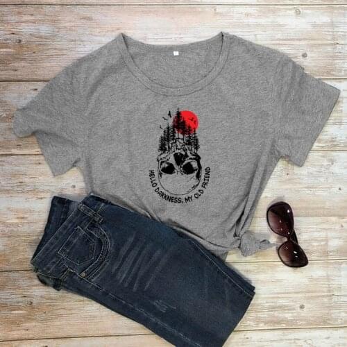 Colored gothic skull hello darkness,my old friend t-shirt quote women 100% Cotton unisex graphic Fashion casual tee top tshirt