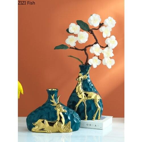 Golden Deer Decorative Ceramic Vase Animal Statue Flower Arrangement Gilded Porcelain Ornaments Tabletop Vases Home Decoration
