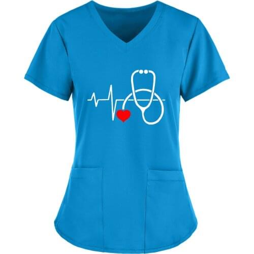 Ecg Print Scrubs Women Uniform Short Sleeve V-neck Tops Working Uniform Pocket Blouse Nurse Accessories Медицинская Одежда A50
