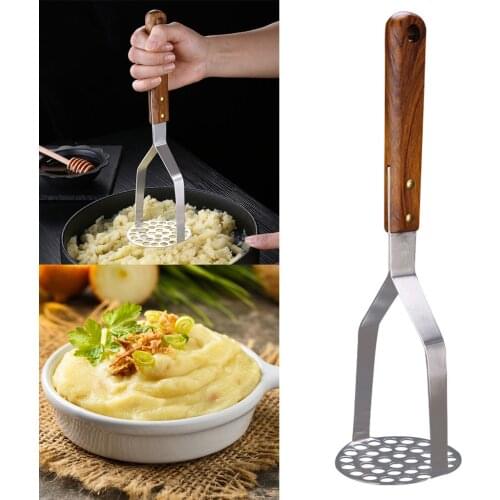 Potato Masher Stainless Steel Food Masher Utensil with Wood Handle Vegetables Fruits Versatile Masher Easy to Bent