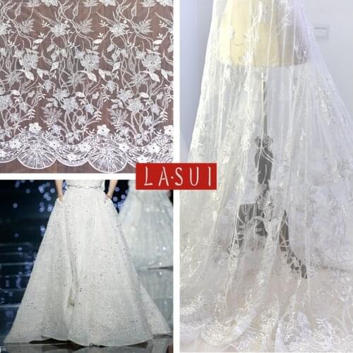 LASUI shine Embroidery Lace Mesh Gauze off white Sequin Wedding Dresses prom dresses Luxury Side Diy Fashion Fabrics X0196