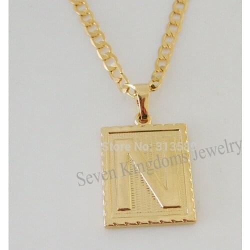 YELLOW GOLD OVERLAY FILLED BRASS 24" CUBAN NECKLACE&LETTER N INITIAL PENDANT/Great Gift