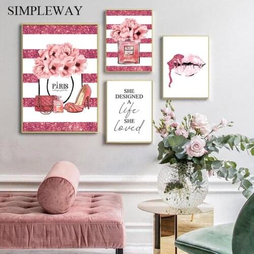 Pink Flower Perfume Fashion Poster Eyelash Lips Makeup Print Canvas Art Painting Wall Picture Modern Girl Room Home Decoration