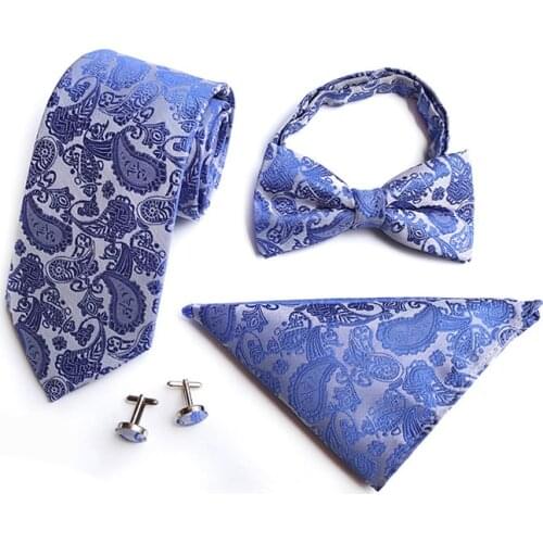 Fashion 8cm Silk Paisley Bow Tie Pocket Square Cufflinks Necktie Set Ties For Man Bussiness Wedding Party Handkerchief Gifts