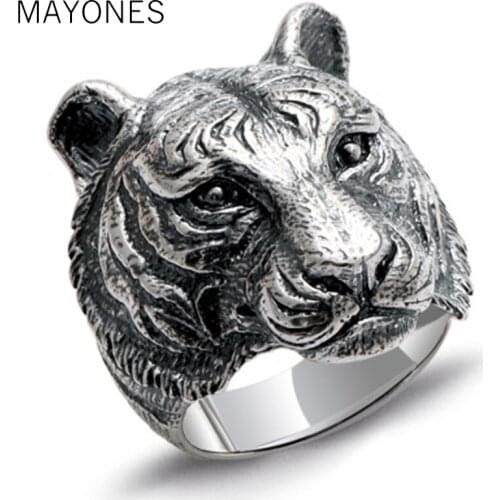 MAYONES Real 925 Sterling Silver Tiger Ring For Men Twelve Zodiac Retro Vintage Cool Big Mens Biker Ring Animal Fine Jewelry