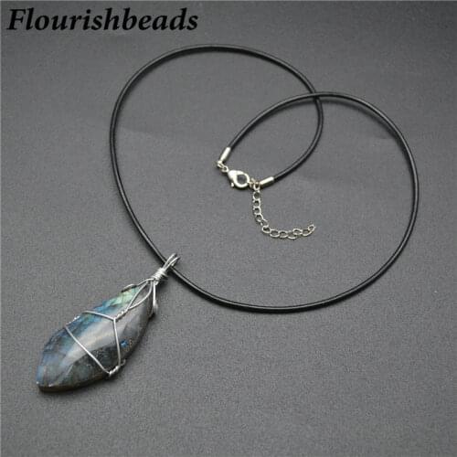Natural Labradorite Gemstones Metal Wire Wrapped Stone Water Drop Shape Unique Pendant Necklace Women Man Jewelry Party Gift