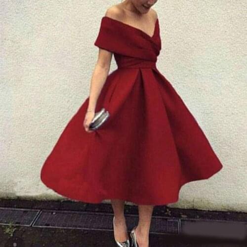 2020 New Burgundy Cocktail Dress Plus Size Off The Shoulder Tea Length Short Prom Party Dresses Homecoming Dresses
