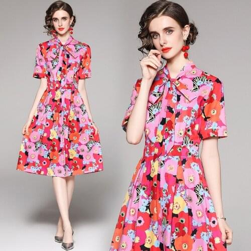 New Summer Vintage Floral Print Bow Tie Neck Short Sleeve Empire Waist Women Ladies Party Casual A-Line Knee Length Dress