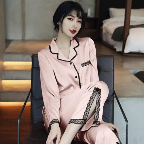 JULYS SONG Pajamas Set Ice Silk Women Sexy Elegant Black Lace Sleepwear Long Sleeve Trousers Slit Spring Summer Homewear