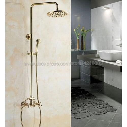 Luxury Gold Rain Shower Set Faucet 8" Rainfall Shower Head with Hand Shower Spray Mixer Tap Wall Mounted Kgf322