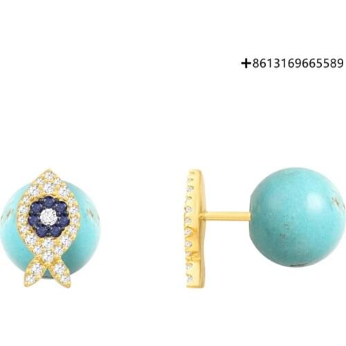 100% 925 Sterling Silver Original Engraving 1:1Turquoise Fish Stud Mono Earring - Yellow Silver Factory Direct Batch Free
