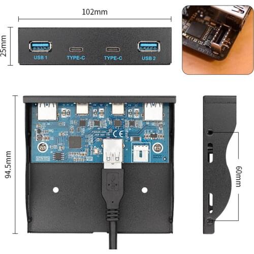 USB 3.1 Front Panel Header to USB-C & USB 3.0 HUB 4 Ports Front Panel Motherboard Cable for 3.5" Floppy Bay