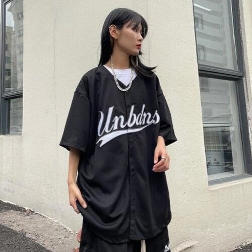 HOUZHOU Hip Hop Vintage Baseball Shirt Man Women Oversize Hippie Short Sleeve Fashion Streetwear Unisex Black Blouse Female