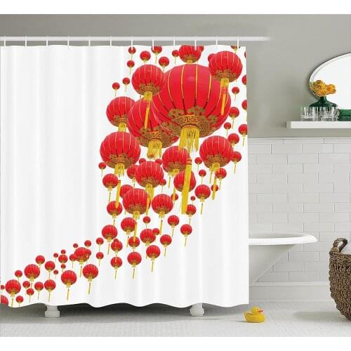 Lantern Shower Curtain Oval Shape Various Sized Lanterns Like Balloons Circle Form Illustration Bath Curtains for Bathroom Decor