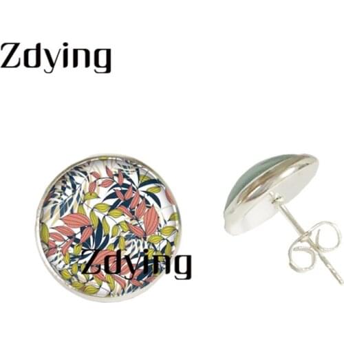 Zdying DIY Tree Leaves Stud Earring Glass Plant Leaf Photo Cabochon Jewelry For Woman Girls Party Wedding Bohemia Jewelry ZZ067