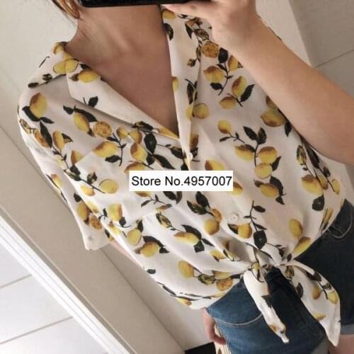 Women Lemon Printed Blouse Top With Short Sleeve & Ties Hem - Ladies Lemon Printing Shirt Top