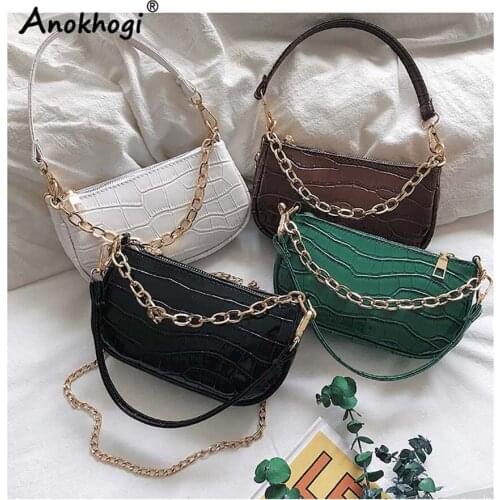 Crocodile Pattern Women Casual Mini Baguette Shoulder Bag Double Strap Fashion Chain Sling Zipper Handbag