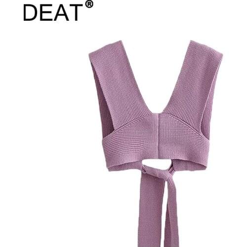 [DEAT] 2021 Autumn New Fashion Tide Sweater Solid Color V-neck Sleeveless Backless Knitting Tank Tops Women 13Z1051