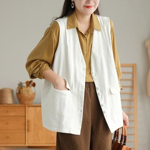 Johnature Women Vintage Cotton Coats V-Neck Sleeveless Simple Pocket Casual Vest 2021 Autumn New Solid Color Korean Style Vests