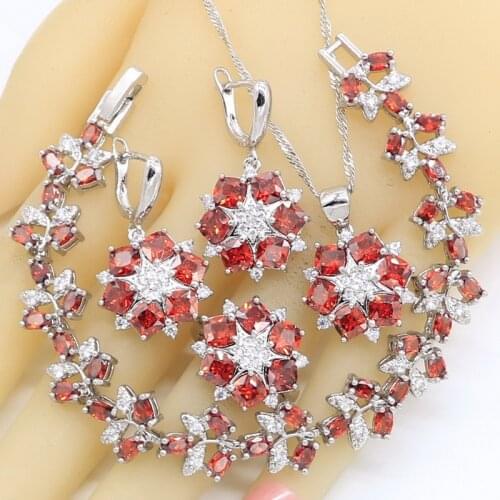Charming Red Garnet 925 Silver Jewelry Sets For Women Wedding Bracelet Earrings Necklace Pendant Ring Birthday Gift