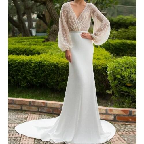 SSYFashion New Evening Dress Custom Luxury Long Sleeves Sexy V-neck Sequins Beading Satin Backless Mermaid Prom Formal Gowns