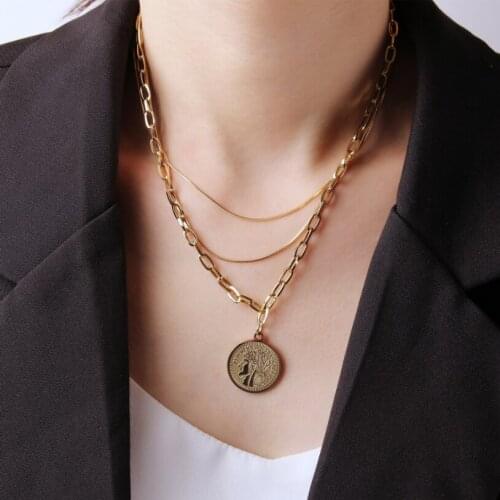 316L Stainless Steel New Fashion Fine Jewelry 3 Layers Round Vintage Coins Charms Chain Choker Necklaces & Pendants For Women