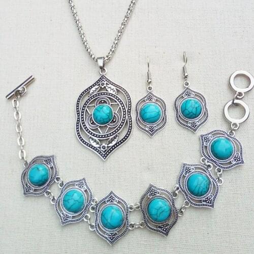 Bohemian Retro Turquoises Necklace Bracelet Earrings 3pcs Fashion Jewelry Sets