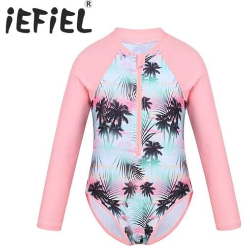 4-10 Years Leotard Beachwear Kids Girls One-piece Long Sleeves Palm Printed Zippered Swimsuit Swimwear Bathing Suit Rash Guard