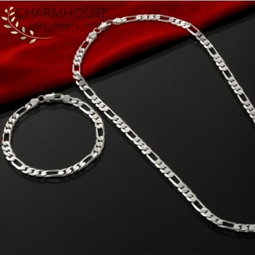 Charmhouse Pure Silver Jewelry Sets For Man 4mm Figaro Chain Necklace Bracelet 2pcs Jewellery Set Collier Pulseira Homme Bijoux