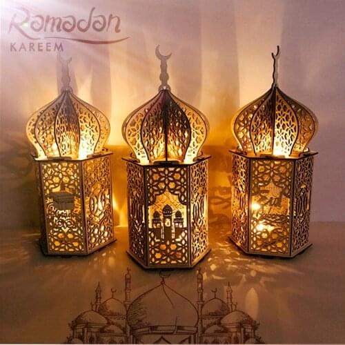 Wooden Led Candles Light Ramadan Eid Mubarak Decorations For Home Carved Hollow Wood Night Lamp Luminous Ornaments Home Decor