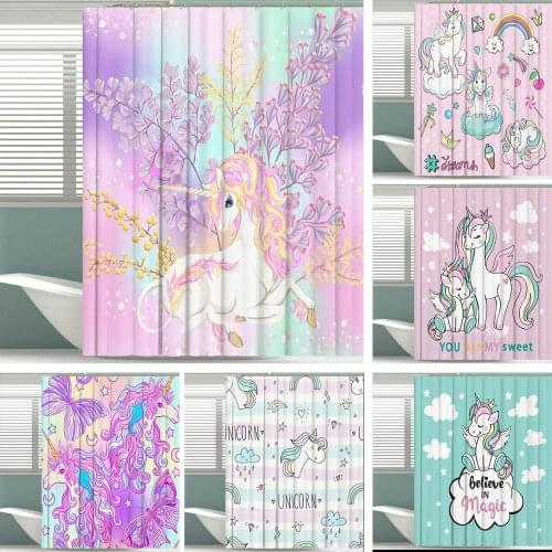 Cartoon Children Shower Curtain With Hooks Animal Rainbow Lovers Unicorn Waterproof Polyester Fabric Bathroom Decoration