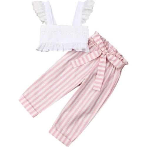 Boutique Kid Clothes 2019 Toddler Girls Clothes Lace Vest Sleeveless Tops+Striped Pants Leggings 2pcs Outfit Set