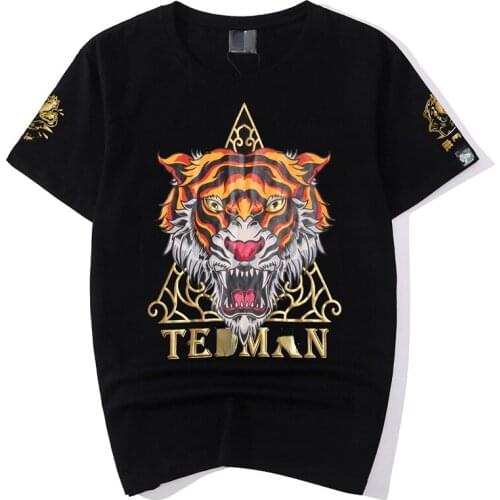 Fashion brand fashion animal pattern tiger head personality print short sleeve T shirt men round collar large clothes