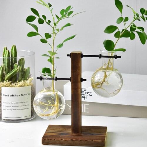 Hydroponic Plant Vases Vintage Flower Pot Transparent Vase Wooden Frame Glass Tabletop Plants Home Bonsai Decor Drop Shipping