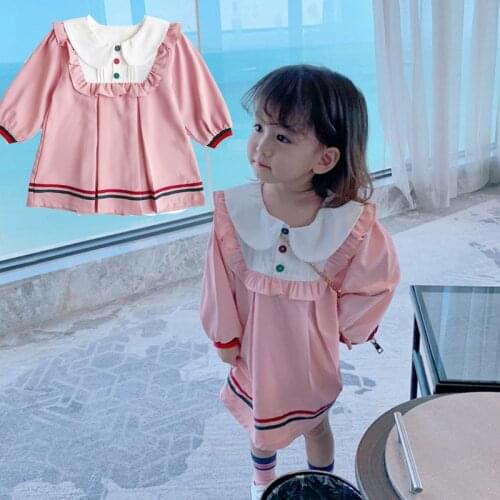 Autumn Spring girls sailor collar long sleeve preppy style dress cotton kids casual loose dresse Wedding Party Dress Children