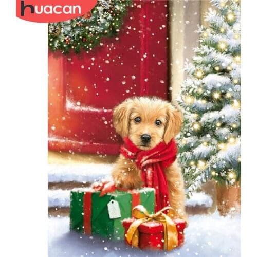 HUACAN Diamond Painting Full Drill Square Christmas Dog Diamond Embroidery Winter Mosaic Sale Animal Home Decoration