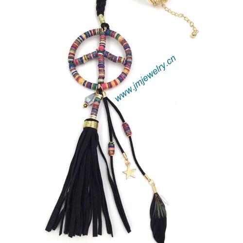 Personalized handmade jewelry long leather cord necklace leather tassel pendents unique boho long Necklaces with peace designs