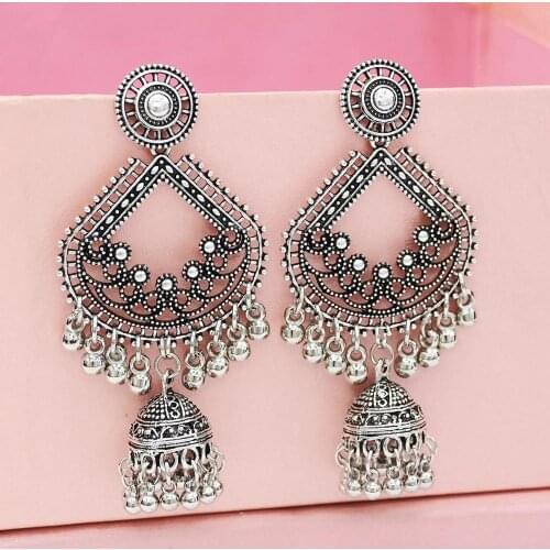 Indian Jhumka Earrings for Women Oxidized Silver Color Metal Geometric Earring oorbellen Festival Party Afghan Jewelry Gift