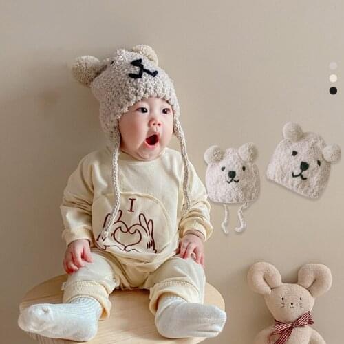 Korean Knitted Cartoon Hat For Baby Boy Girls Winter Warm Kids Beanie Adult Children Parent-Child Hats Newborn Baby Earmuffs Cap