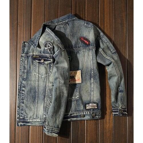 Spring and autumn black cowboy coat male embroidery Europe and the United States street slim jacket personality thread sewing