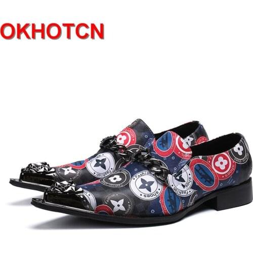 MenS Fashion Casual Business Leather Shoes Metal Toe Men Shoes Decorated Chain Slip On Party Shoes Print Blue Fashion Shoes New