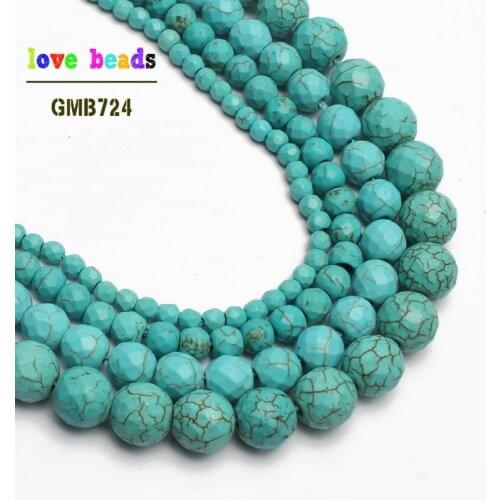 Wholesale Faceted Blue Turquoises Round Beads For Jewelry Making 15.5inch/strand 4 6 8 10 12 14mm pick Size-F00042