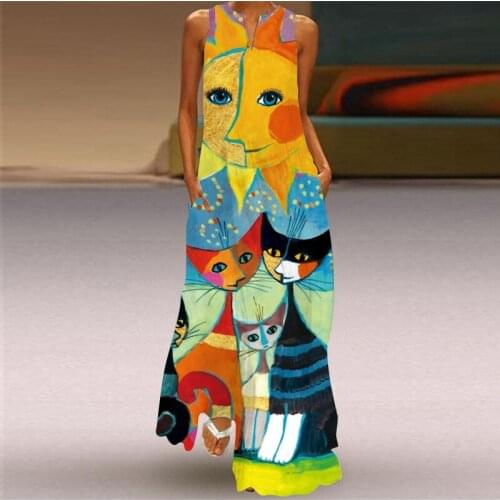 Women Maxi Dress Summer Streetwear Art Print Long Dress Loose Ladies Clothing Vintage Spring Sleeveless V-Neck Dresses Vestidos