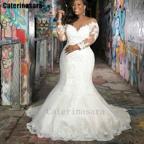 Illusion Scoop Neck Long Sleeves Lace Mermaid Wedding Dress Plus Size Bridal Gown for Black Woman