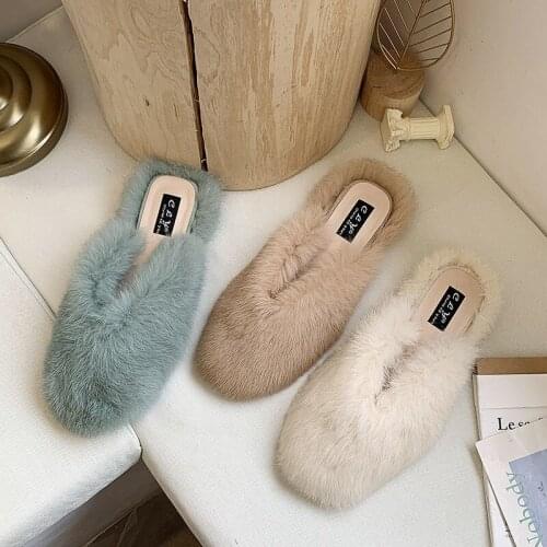 Ladies Fur Mules Shoes Women Fashion Autumn House Slippers Furry White Green Flats Candy Color Faux Fur Warm Female Home Slides
