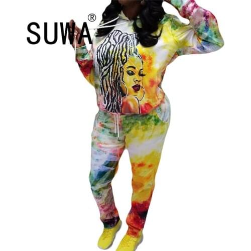 Loose BF Style Cool Girl 2 Piece Sets Womens Outfits Tie Dye Hoodies Sweatshirt Top And Trousers Lounge Wear Free Shipping